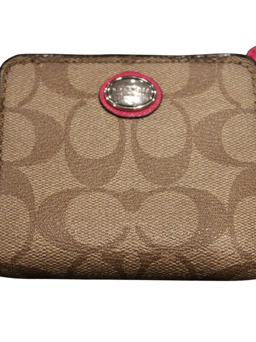 Coach Khaki Signature Canvas Wallet with Pink Trim